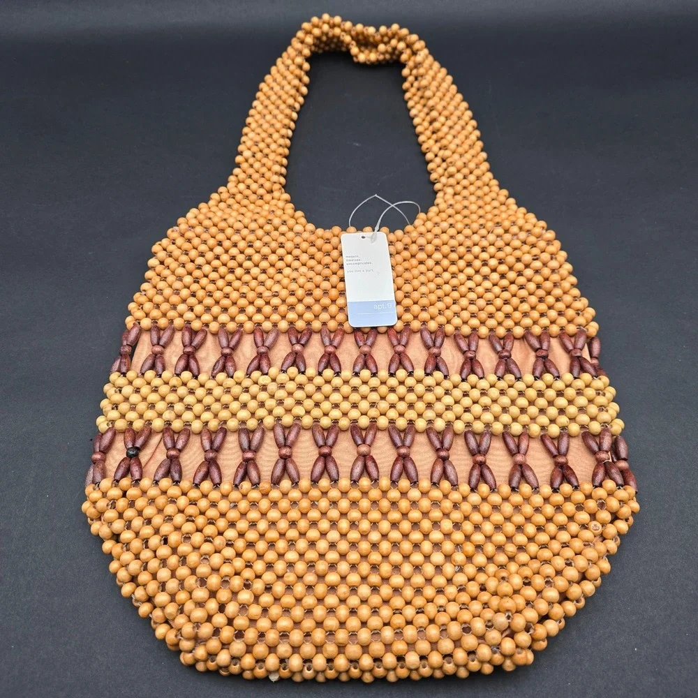 Apt. 9 Wood Beaded Hobo Bag Natural Brown Boho Summer Handbag NWT KB55211